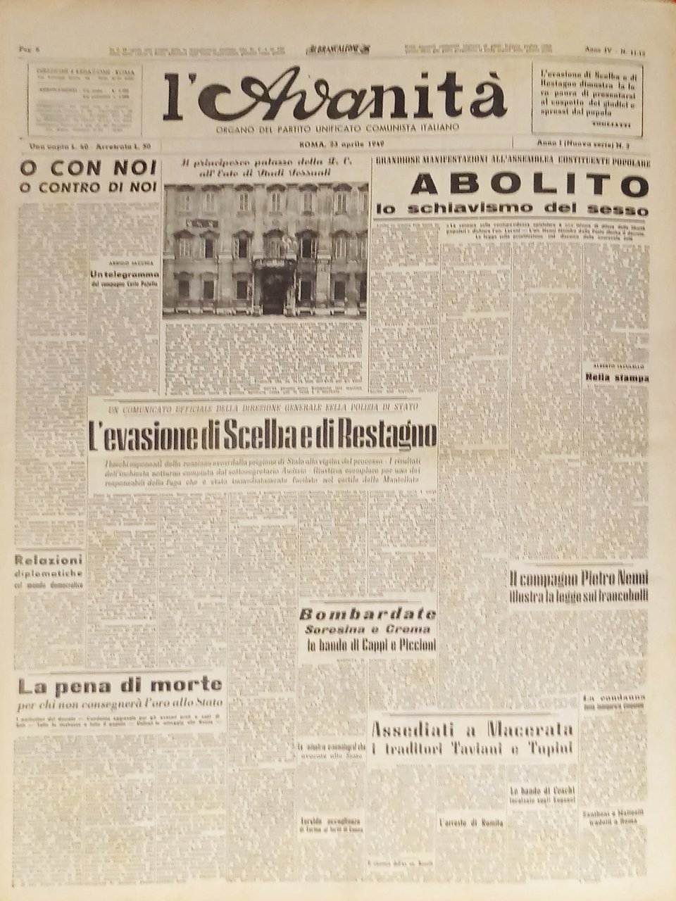 Organo del Partito Comunista Unificato L'Avanità N. 11-12 - 1949 …