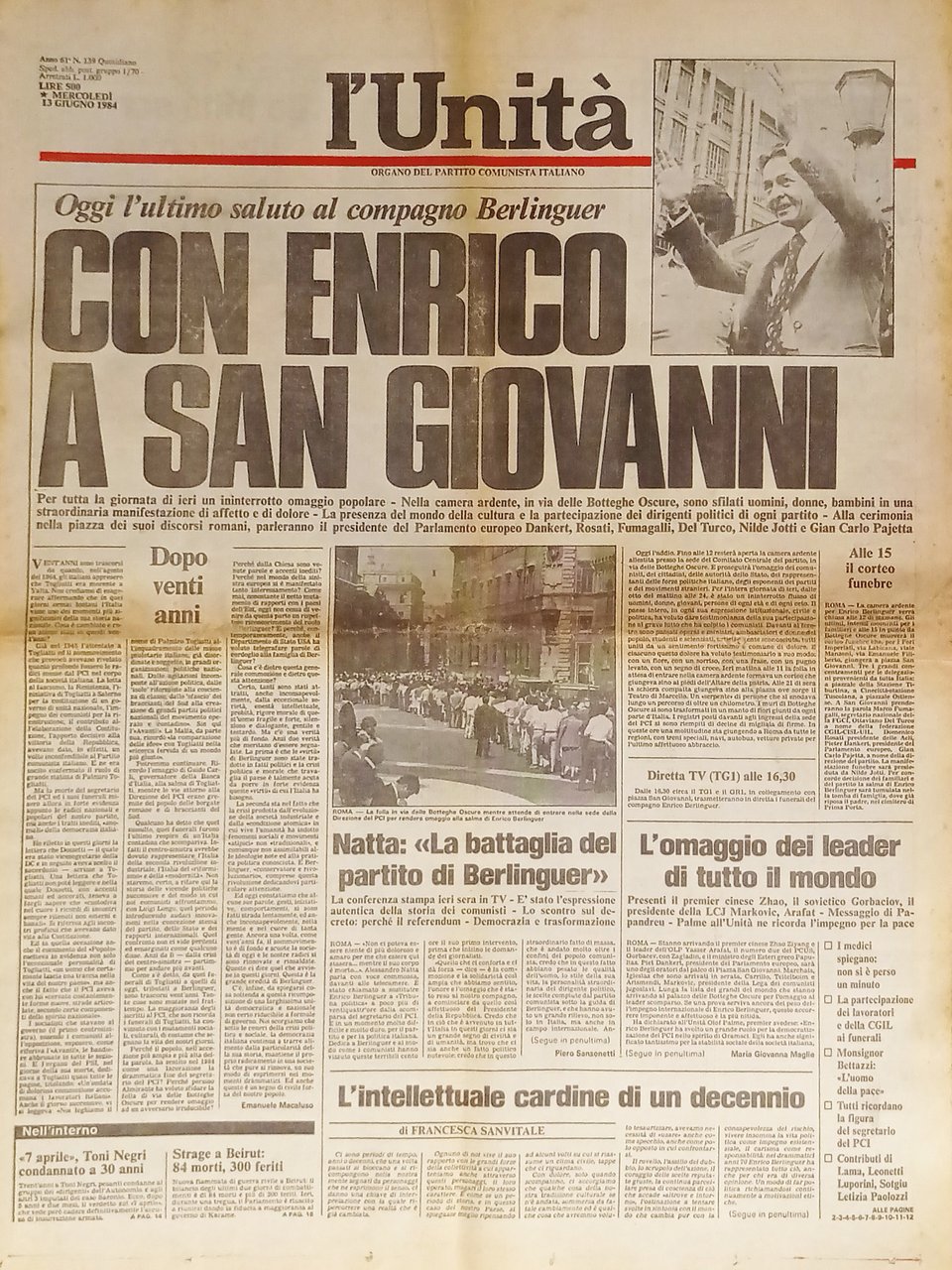 Organo Partito Comunista - L'Unità n. 139 - 1984 Con …