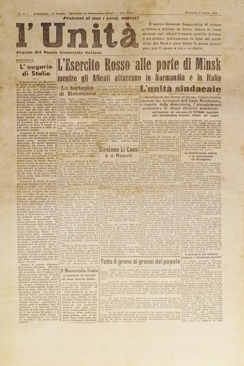 Organo Partito Comunista - L'Unità n. 30 - 1944 Esercito …