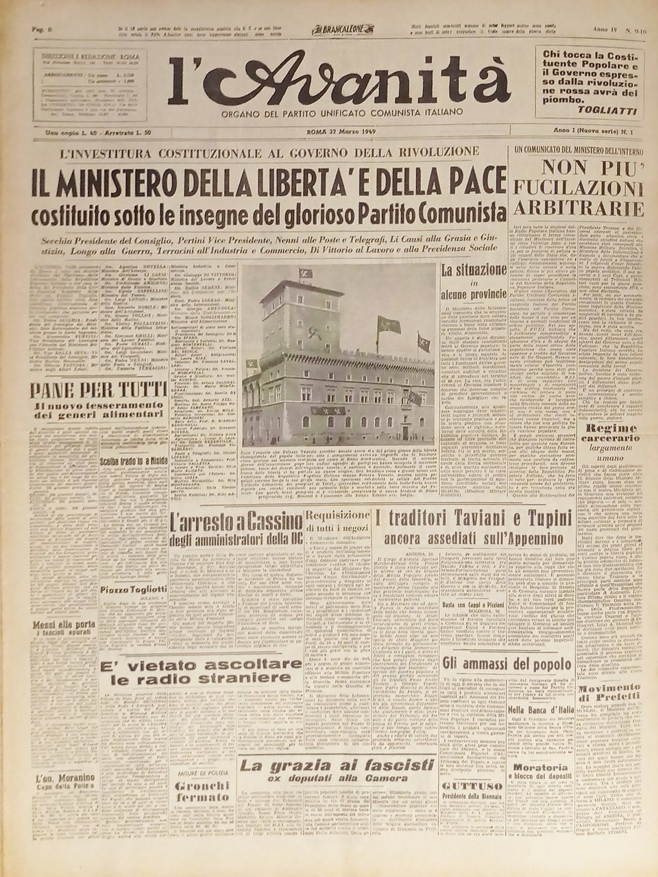 Organo Partito Comunista unificato L'Avanità N. 9-10 - 1949 Ministero …