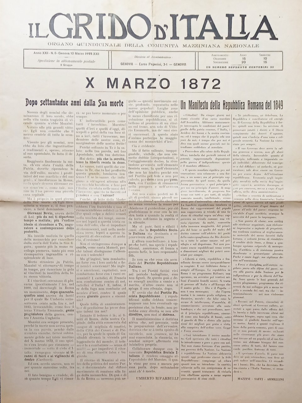 Organo Quindicinale della Comunita Mazziniana - Il Grido d'Italia N. … | Immagine principale