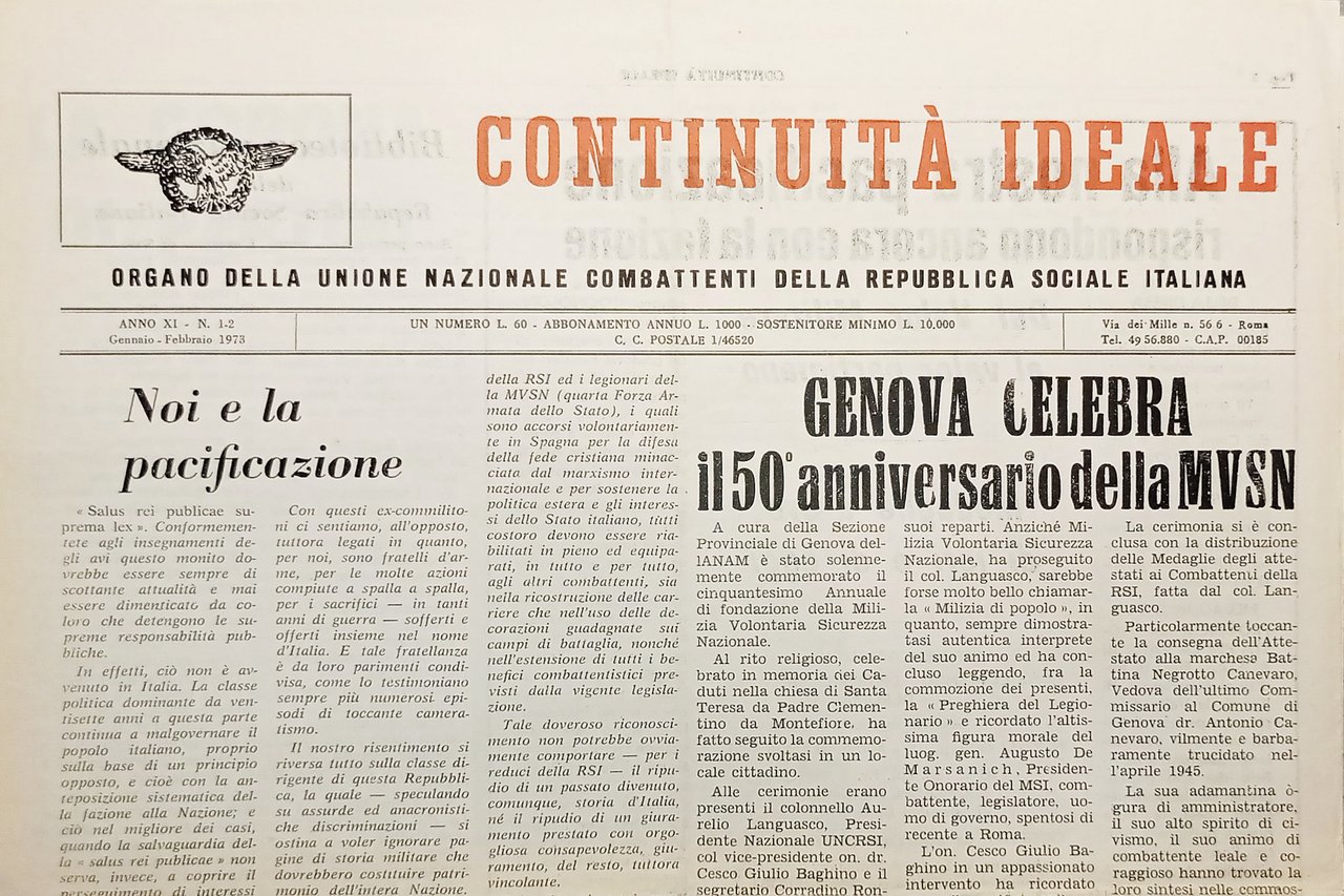 Organo Unione Nazionale Combattenti RSI - Continuità Ideale N. 1/2 …