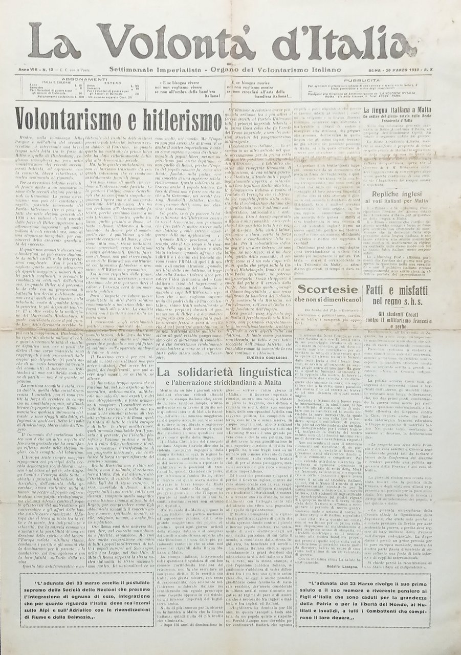 Organo Volontarismo - La Volontà d'Italia N. 12 - Lingua … | Immagine principale