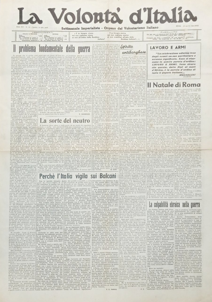 Organo Volontarismo Italiano - La Volontà d'Italia N. 14 Il … | Immagine principale