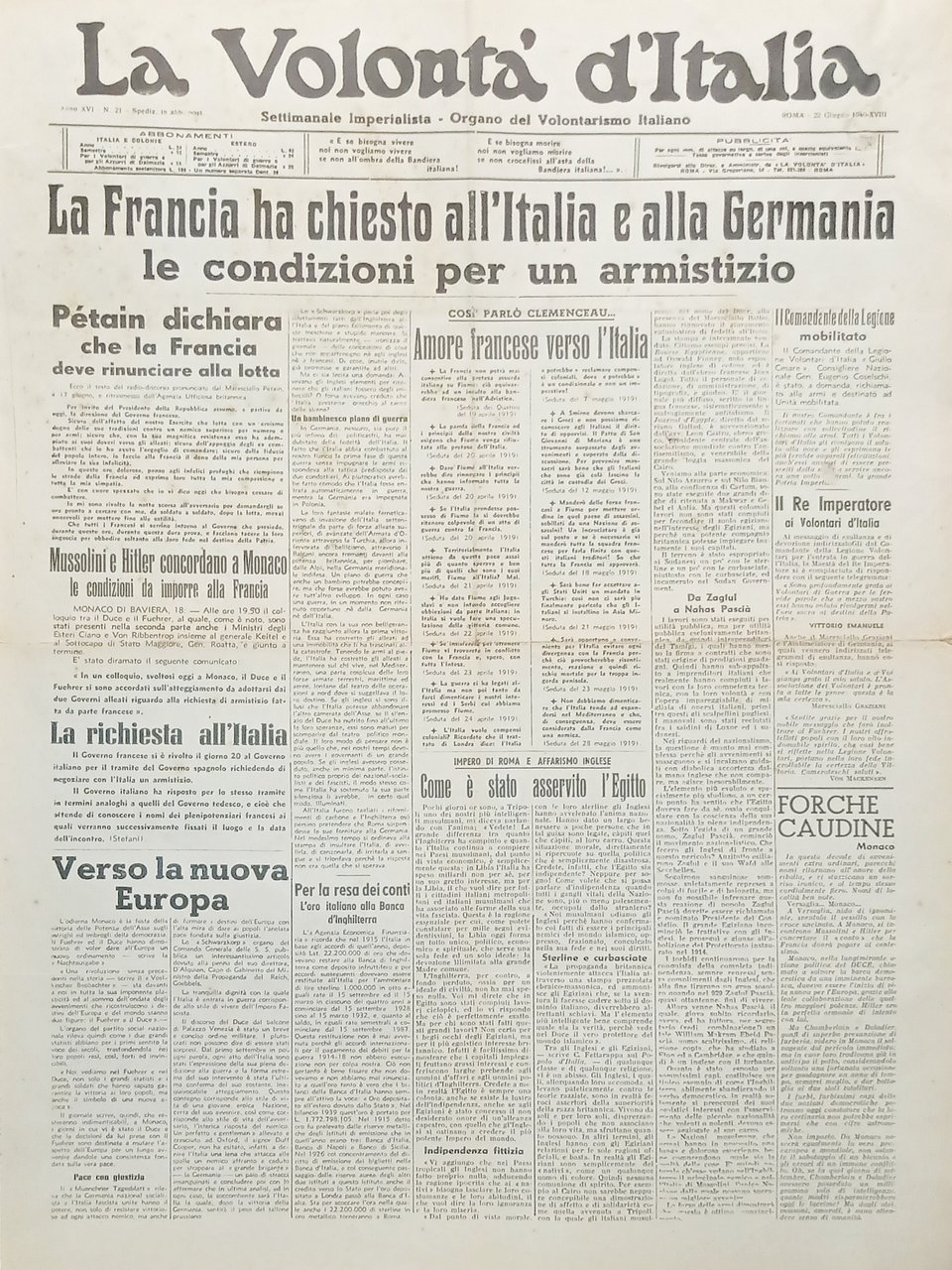 Organo Volontarismo Italiano - La Volontà d'Italia N. 21 - … | Immagine principale