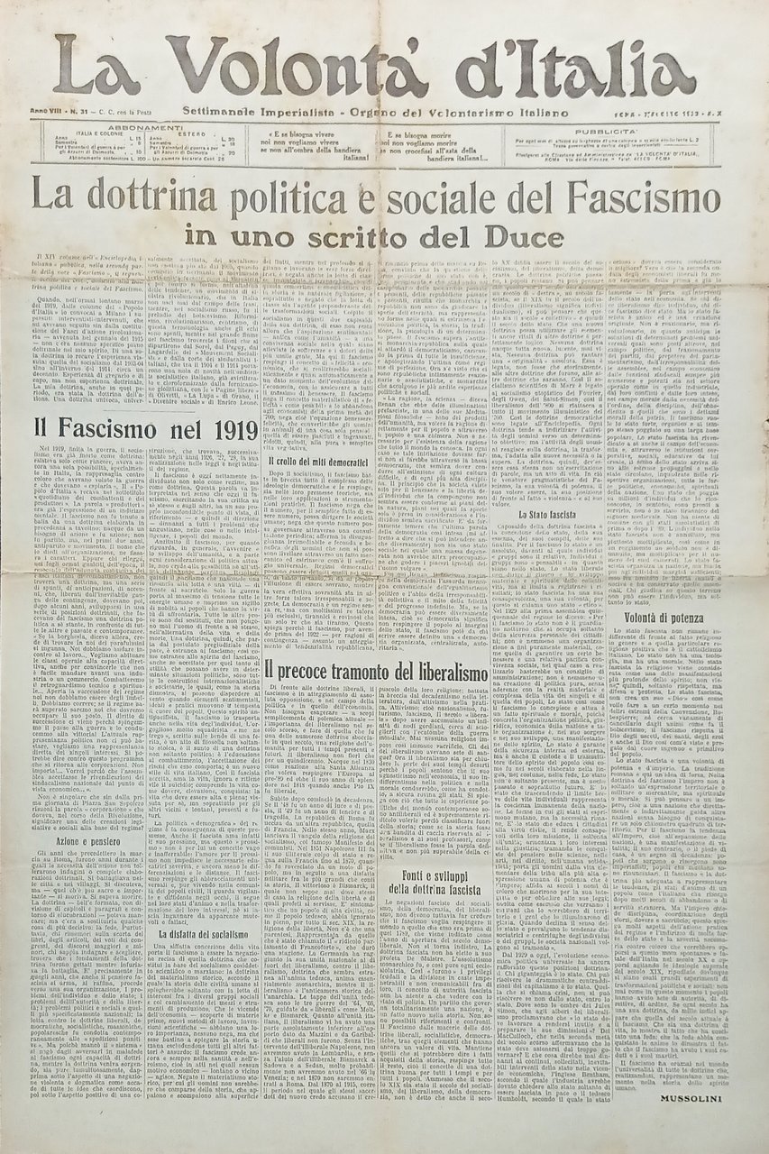 Organo Volontarismo Italiano - La Volontà d'Italia N.31 Fascismo nel … | Immagine principale