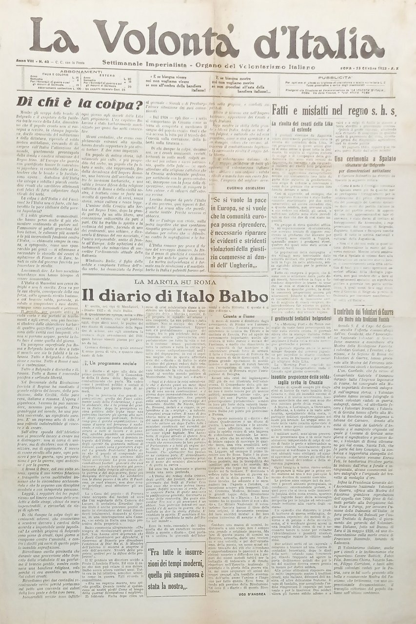 Organo Volontarismo Italiano - La Volontà d'Italia N. 42 Diario … | Immagine principale