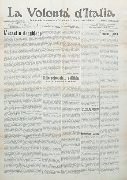Organo Volontarismo Italiano La Volontà d'Italia N.11 Conferenza di Ginevra 1932