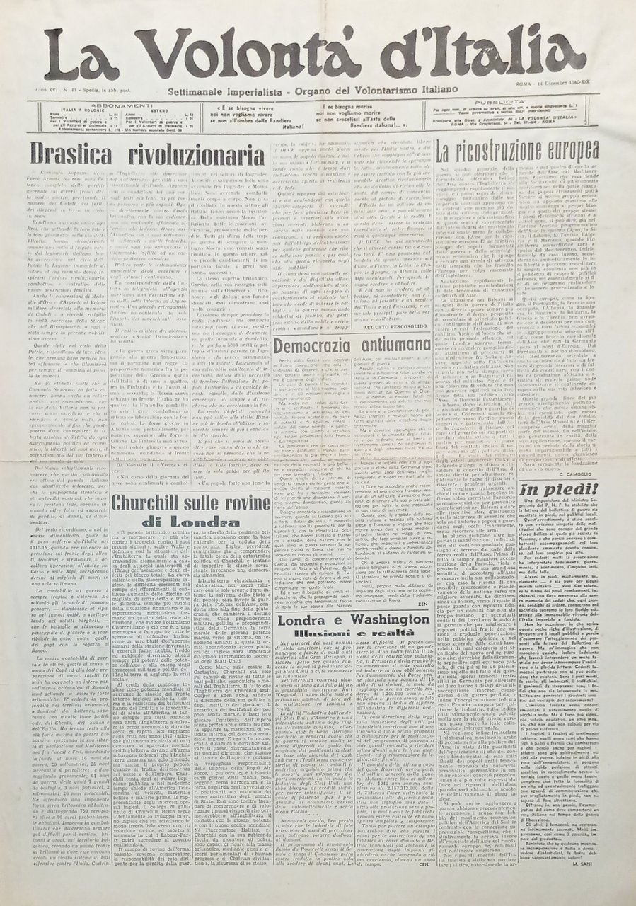 Organo Volontarismo Italiano La Volontà d'Italia N. 43 Democrazia antiumana … | Immagine principale