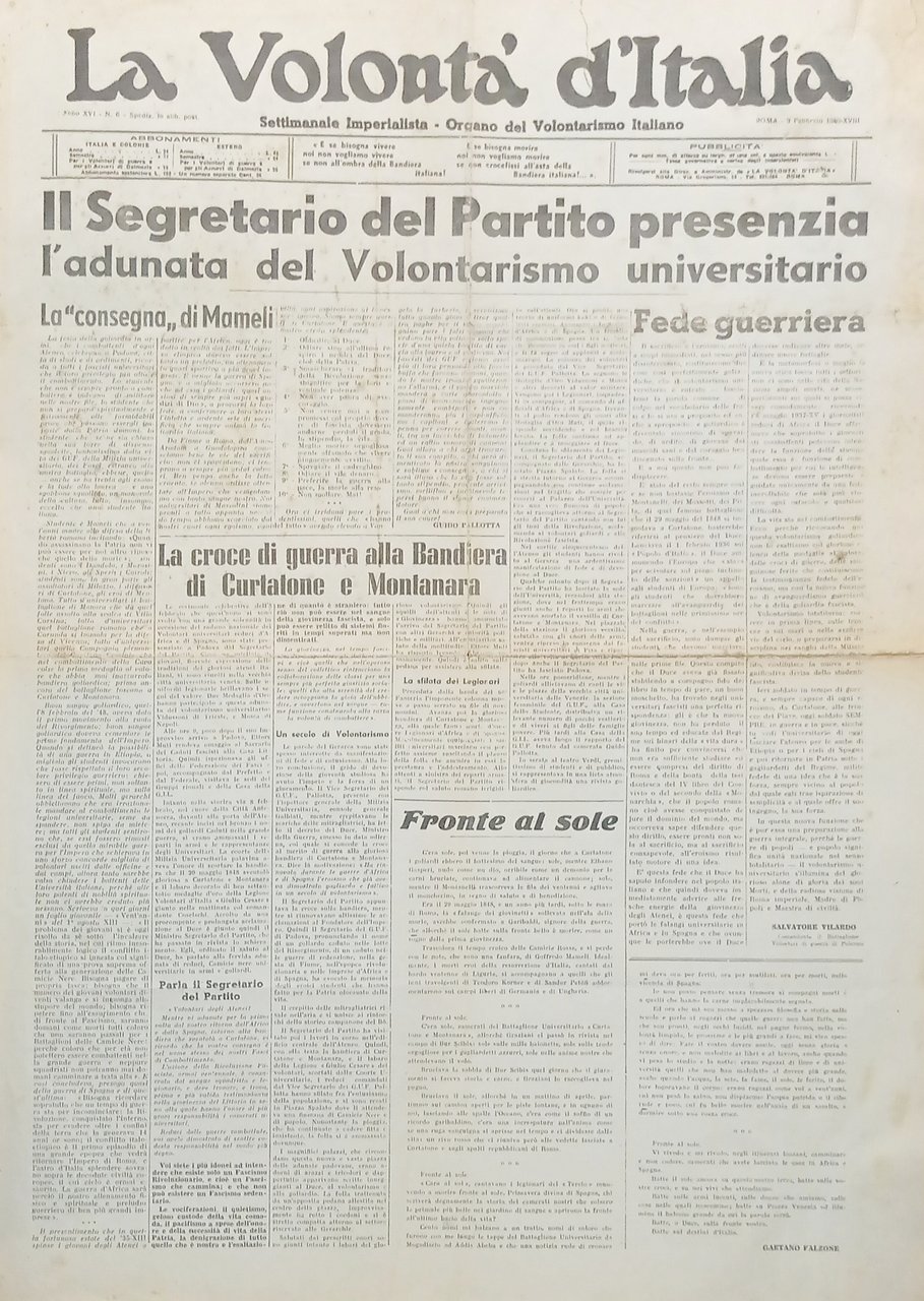 Organo Volontarismo Italiano La Volontà d'Italia N.6 Segretario del Partito … | Immagine principale