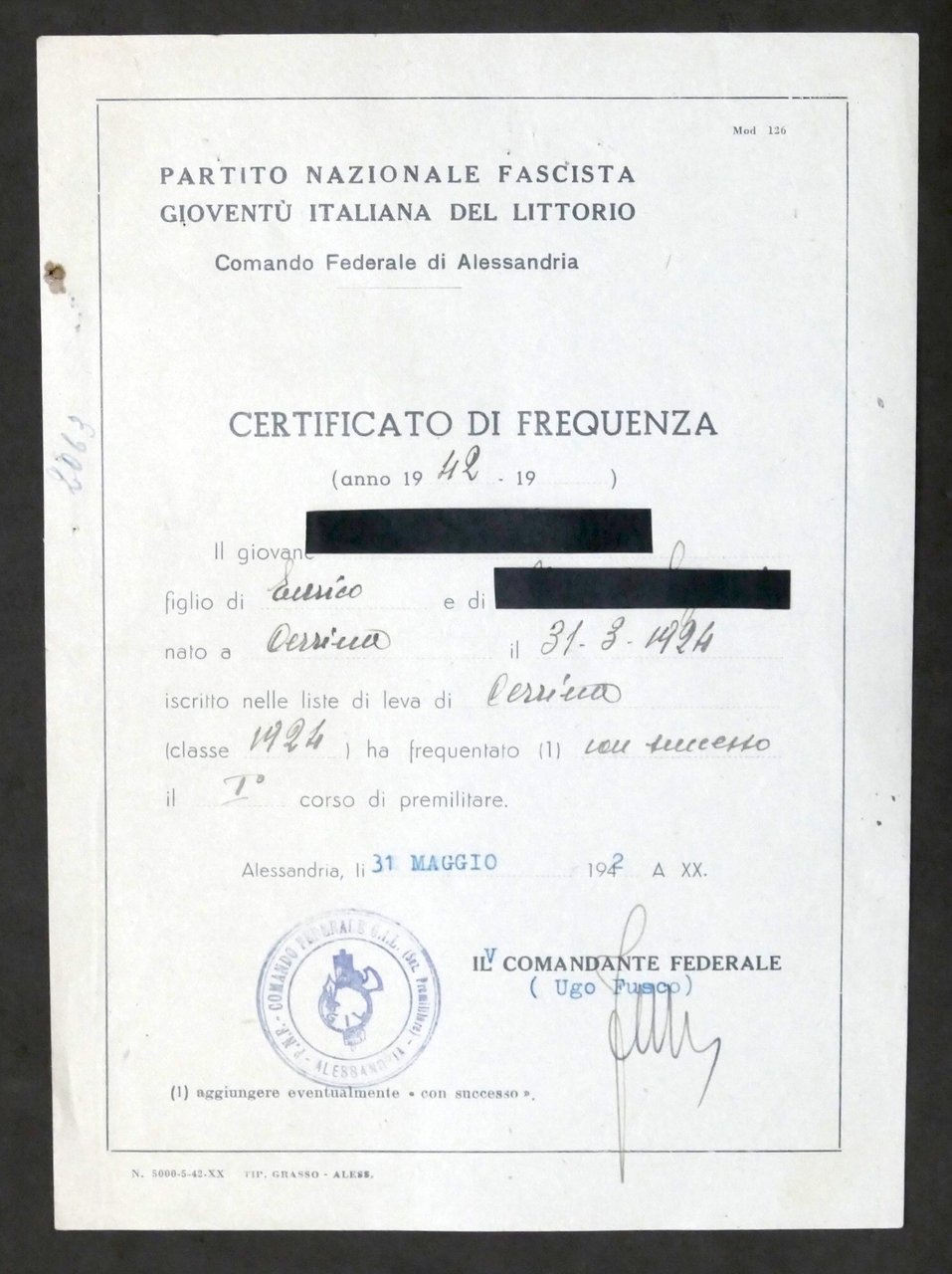 P.N.F. Gioventù Italiana del Littorio Certificato Frequenza - Alessandria 1942 | Immagine principale