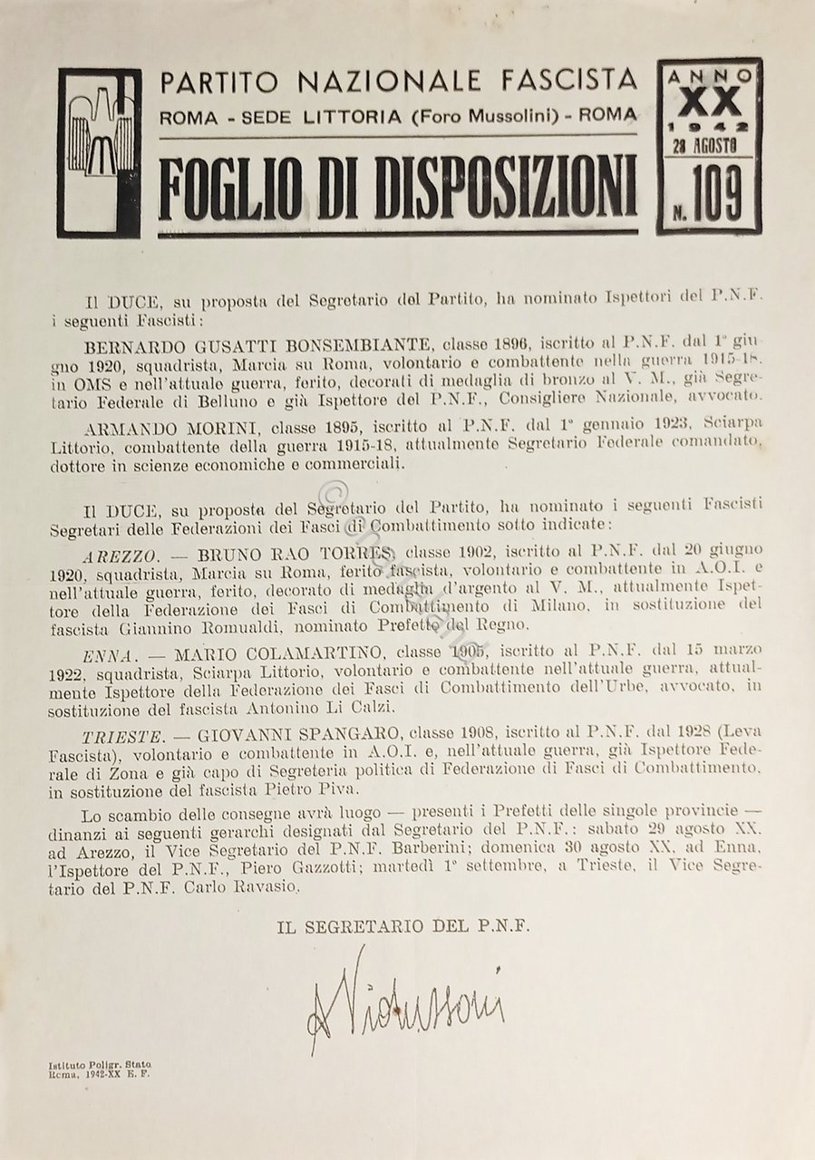 P.N.F. Roma - Foglio di Disposizioni N. 109 - Partito …