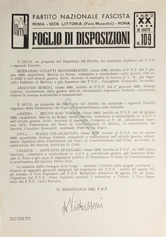 P.N.F. Roma - Foglio di Disposizioni N. 109 - Partito …