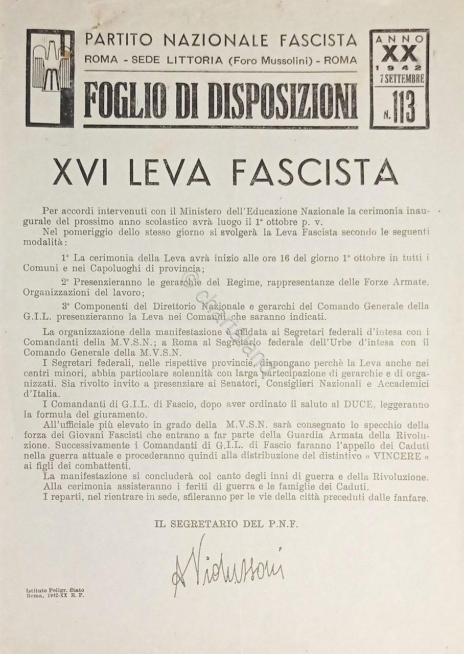 P.N.F. Roma - Foglio di Disposizioni N. 113 - XVI …
