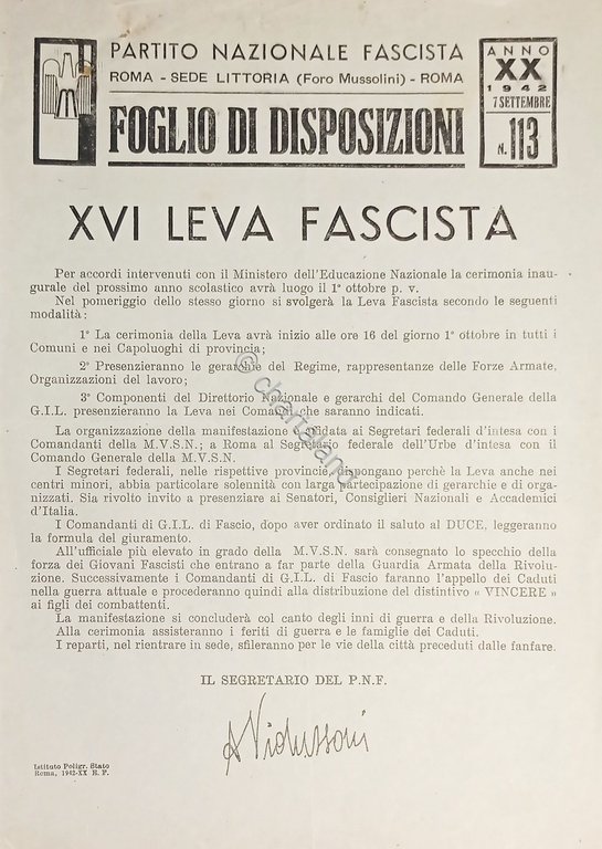 P.N.F. Roma - Foglio di Disposizioni N. 113 - XVI …