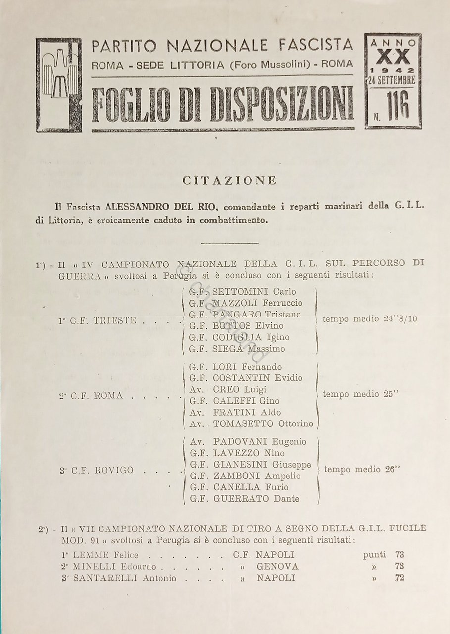 P.N.F. Roma - Foglio di Disposizioni N. 116 - Eroicamente …