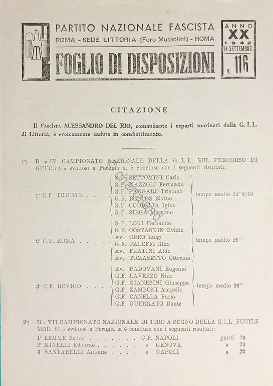 P.N.F. Roma - Foglio di Disposizioni N. 116 - Eroicamente …