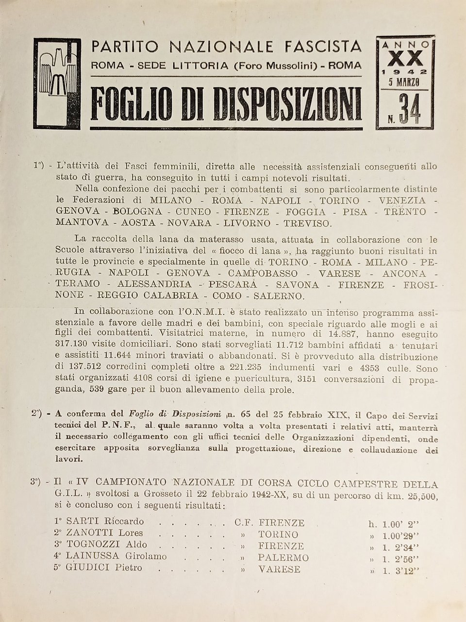 P.N.F. Roma - Foglio di Disposizioni N. 34 - L'Attività … | Immagine principale