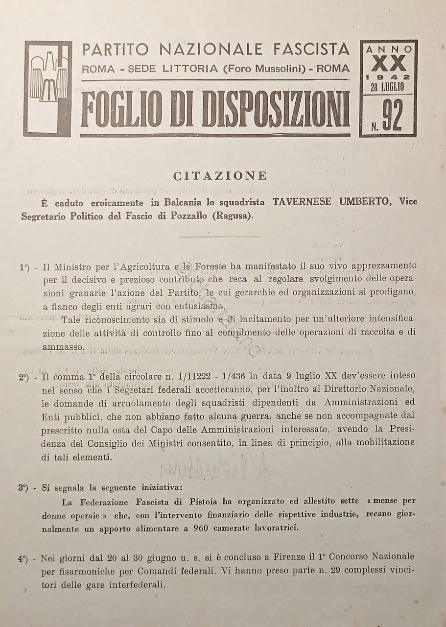P.N.F. Roma - Foglio di Disposizioni N. 92 Eroicamente caduto …