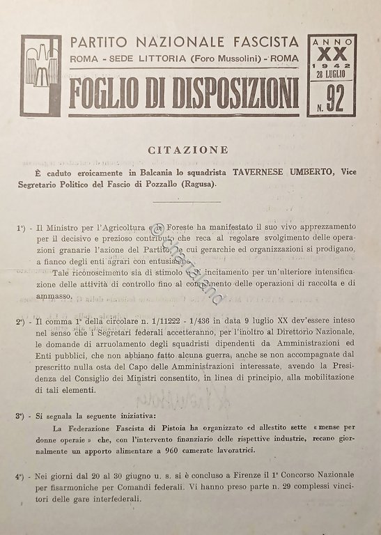 P.N.F. Roma - Foglio di Disposizioni N. 92 Eroicamente caduto …