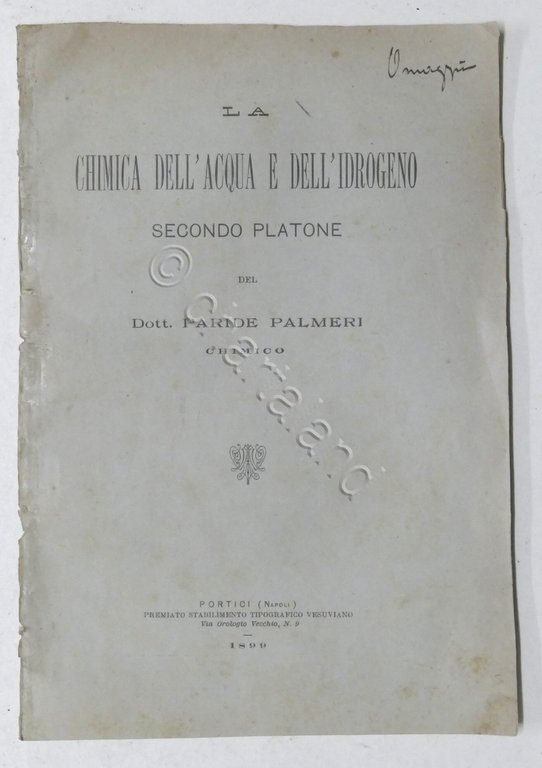 P. Palmeri - La chimica dell'acqua e dell'idrogeno secondo Platone - ed. 1899