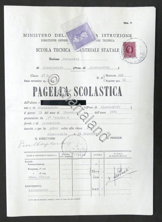 Pagella Classe 2^ - Scuola Tecnica Industriale Statale di Alessandria …