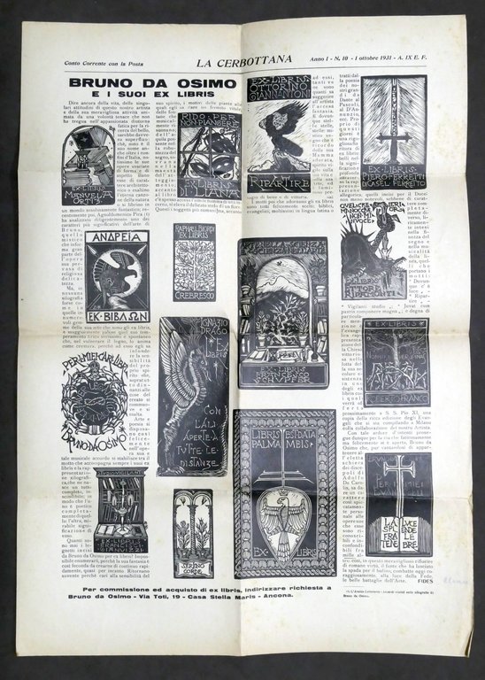 Pagina del giornale La Cerbottana con Ex Libris di Bruno da Osimo - 1931