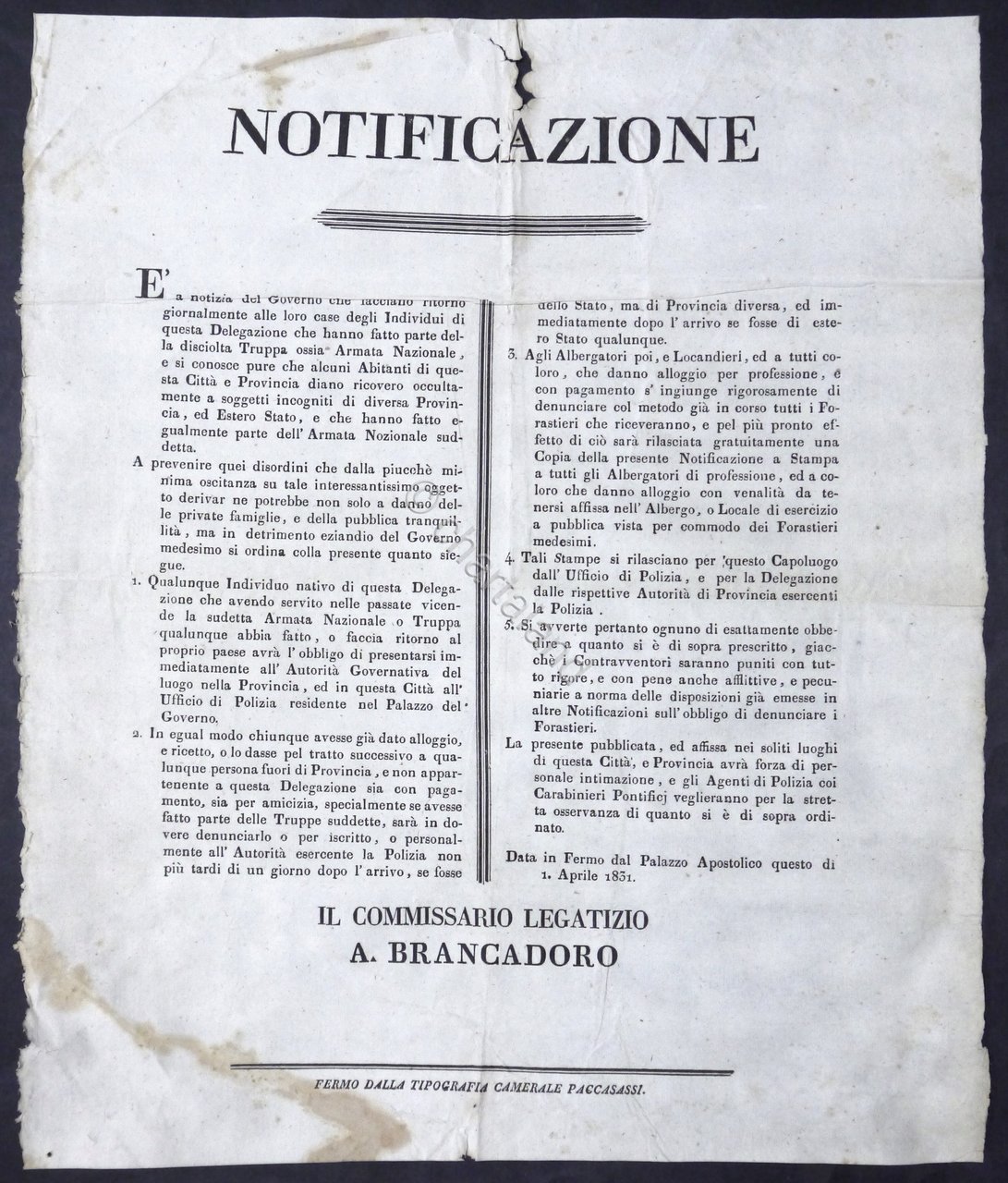 Palazzo Apostolico di Fermo - Notifica per Armata Nazionale e … | Immagine principale
