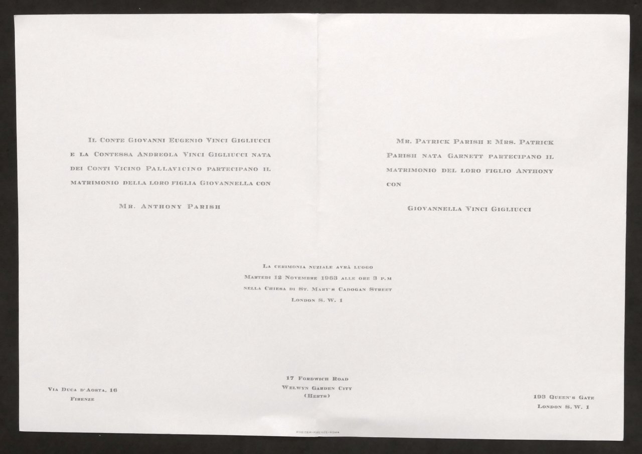 Partecipazioni invito Nozze Antony Parish e contessa Giovannella Vinci - … | Immagine principale