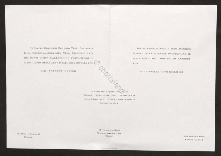 Partecipazioni invito Nozze Antony Parish e contessa Giovannella Vinci - … | Immagine Gallery 2