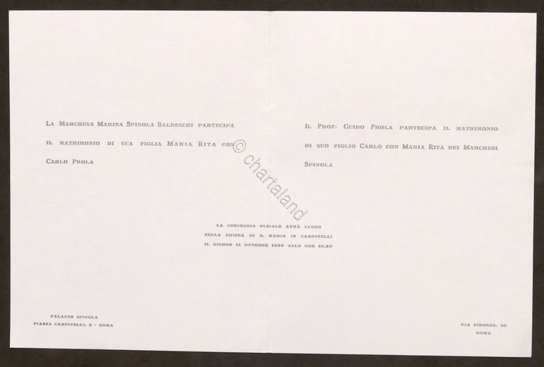Partecipazioni invito Nozze Carlo Prola e Maria Rita dei Marchesi … | Immagine Gallery 2