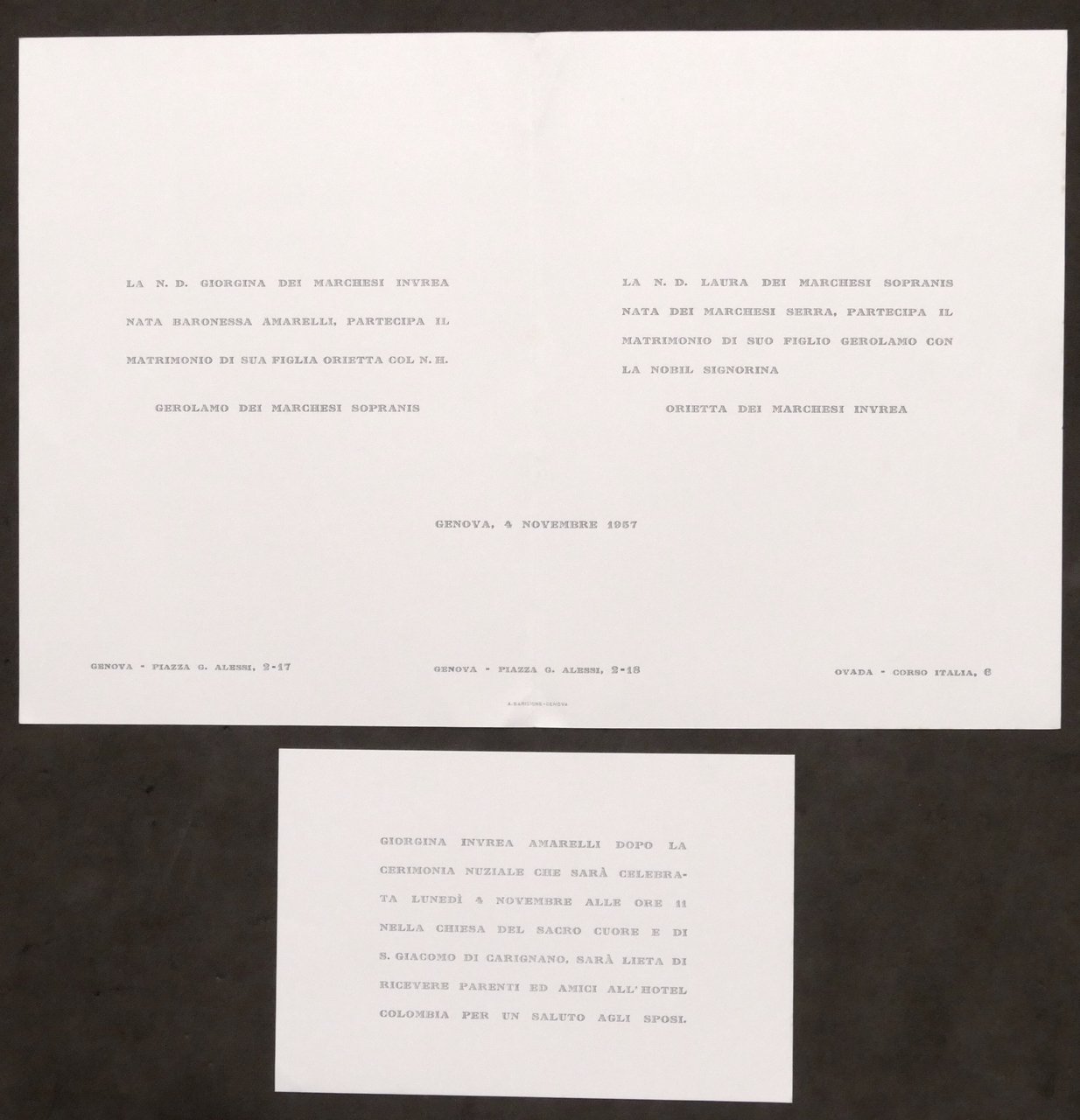 Partecipazioni invito Nozze Gerolamo dei Marchesi Sopranis e Orietta Invrea … | Immagine principale