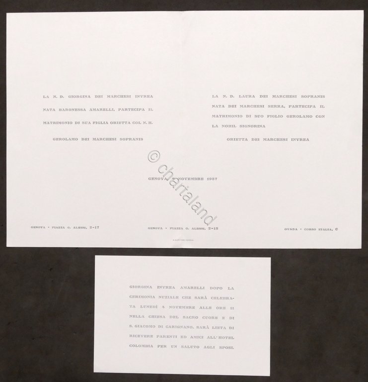 Partecipazioni invito Nozze Gerolamo dei Marchesi Sopranis e Orietta Invrea … | Immagine Gallery 2