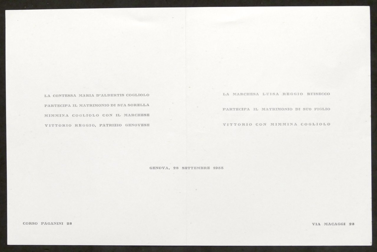 Partecipazioni invito Nozze marchese Vittorio Reggio e Mimmina Cogliolo - …