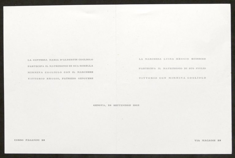 Partecipazioni invito Nozze marchese Vittorio Reggio e Mimmina Cogliolo - 1955