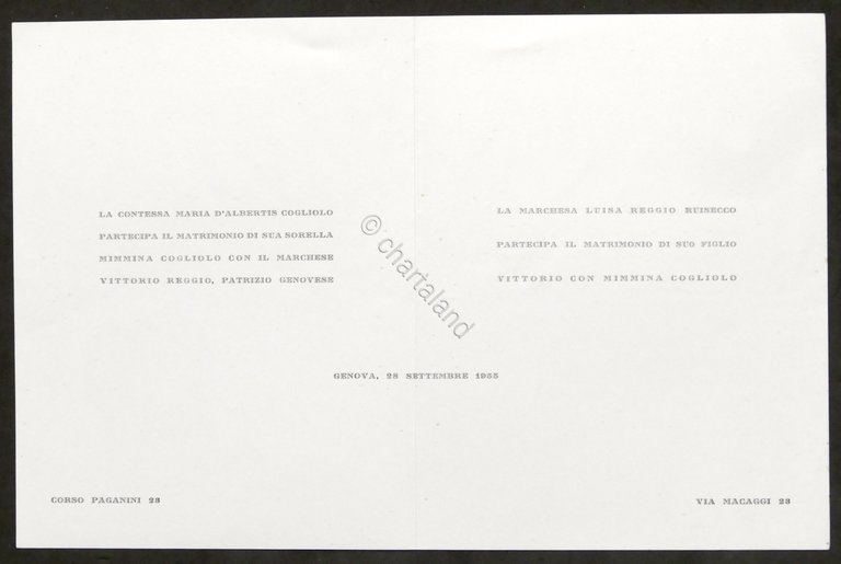 Partecipazioni invito Nozze marchese Vittorio Reggio e Mimmina Cogliolo - …
