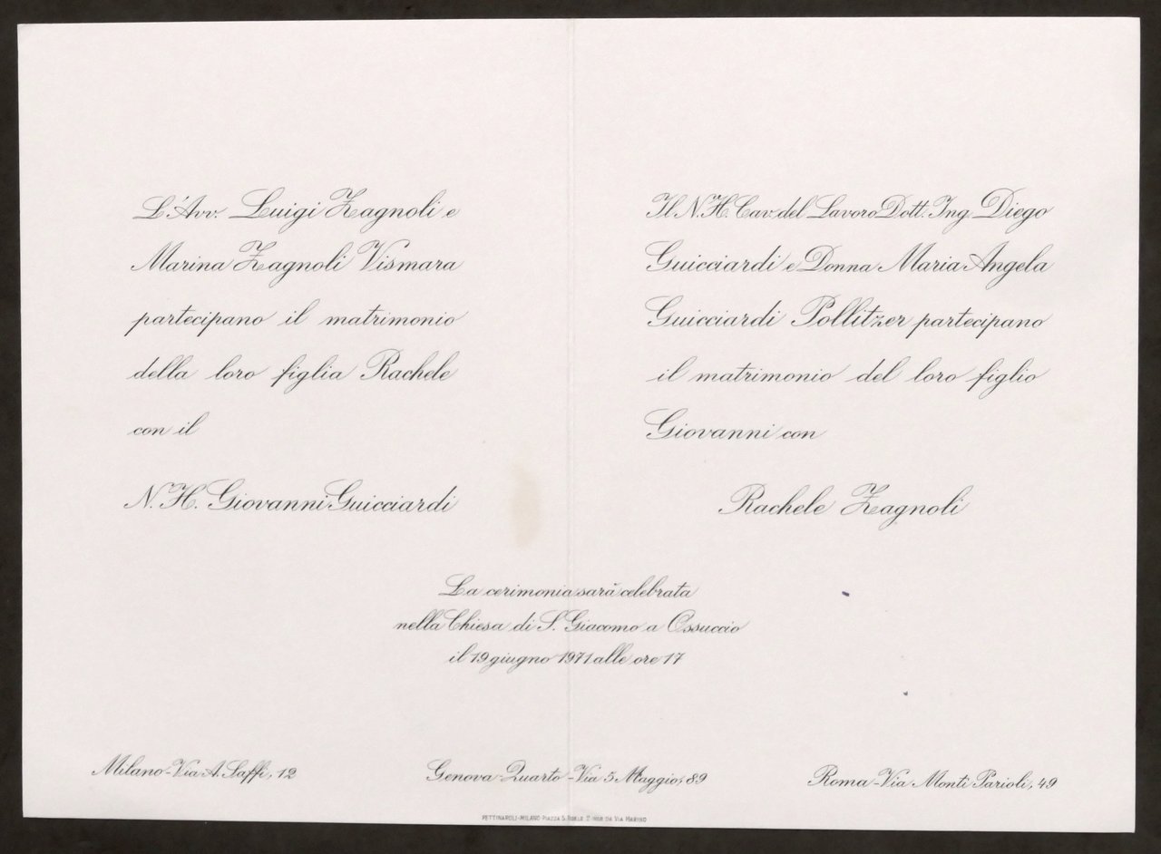 Partecipazioni invito Nozze N.H. Giovanni Guicciardi e Rachele Zagnoli - …