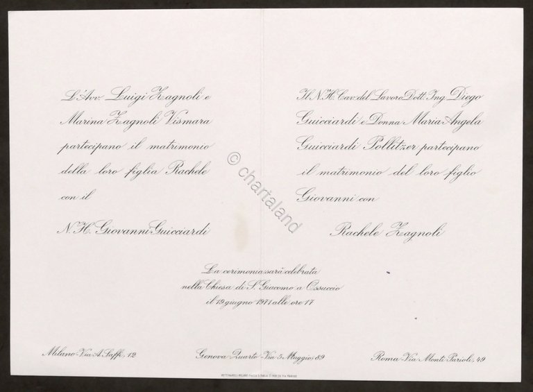 Partecipazioni invito Nozze N.H. Giovanni Guicciardi e Rachele Zagnoli - …