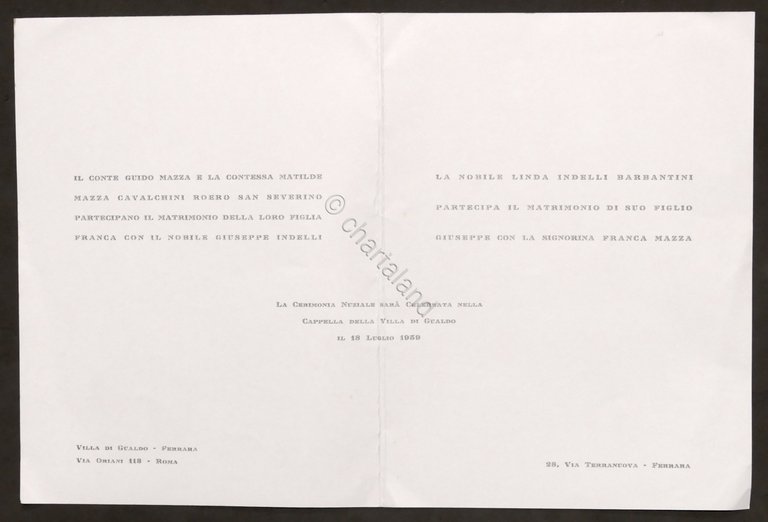 Partecipazioni invito Nozze nobile G. Indelli e Franca dei Conti … | Immagine Gallery 2