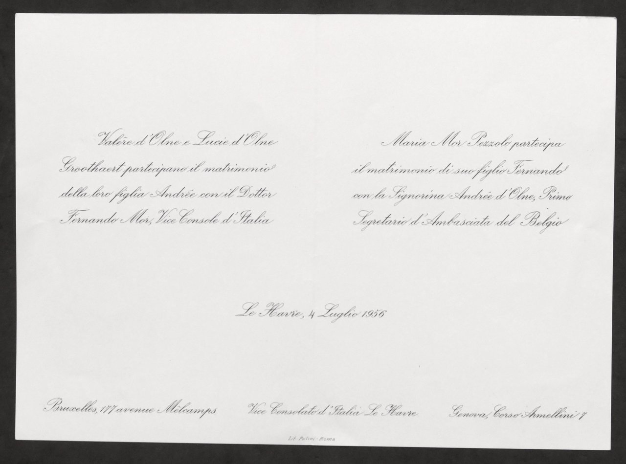 Partecipazioni invito Nozze viceconsole Fernando Mor e Andrée d'Olne - …