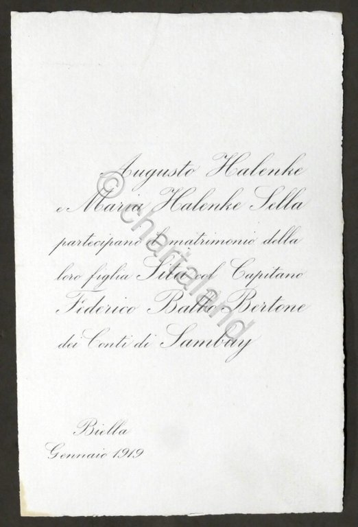 Partecipazioni Nozze capitano Federico Balbo con la signorina Sita Sella …