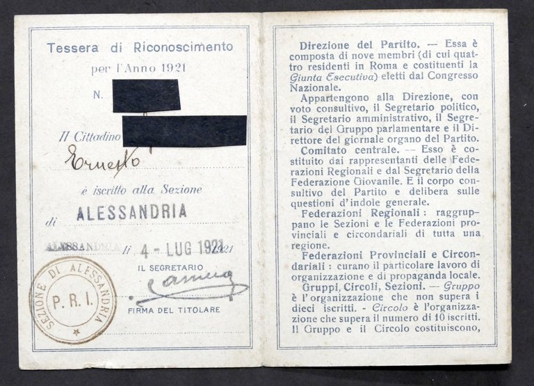 Partito Repubblicano Italiano - Tessera di riconoscimento - 1921 - …