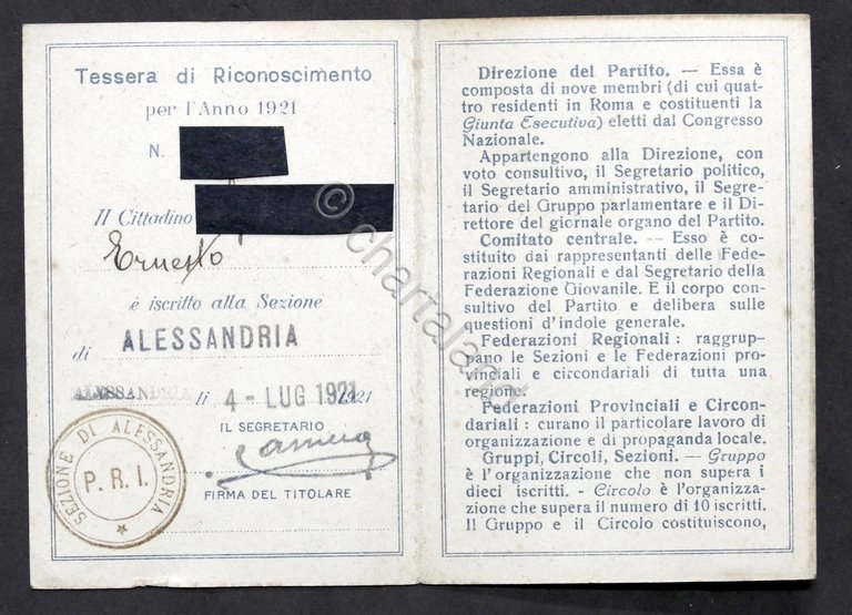Partito Repubblicano Italiano - Tessera di riconoscimento - 1921 - …