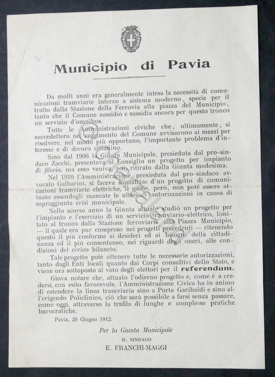 Pavia - Avviso referendum progetto linea tramviaria - 1912