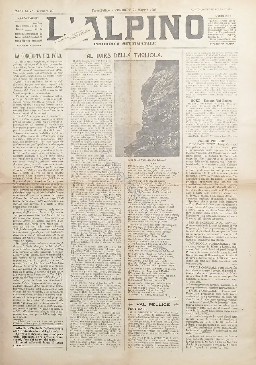 Periodico Settimanale Torre Pellice - L'Alpino N. 20 Al Bars …