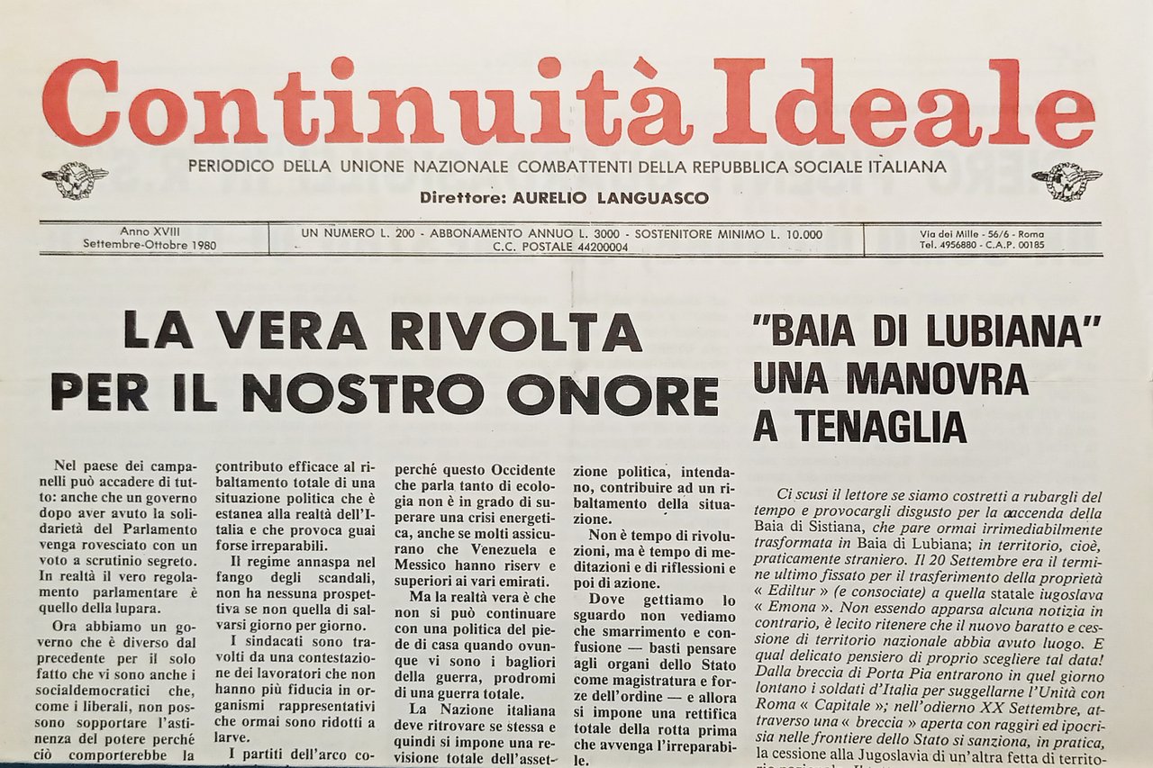 Periodico Unione Naz. Combattenti RSI Continuità Ideale - Settembre/Ottobre 1980