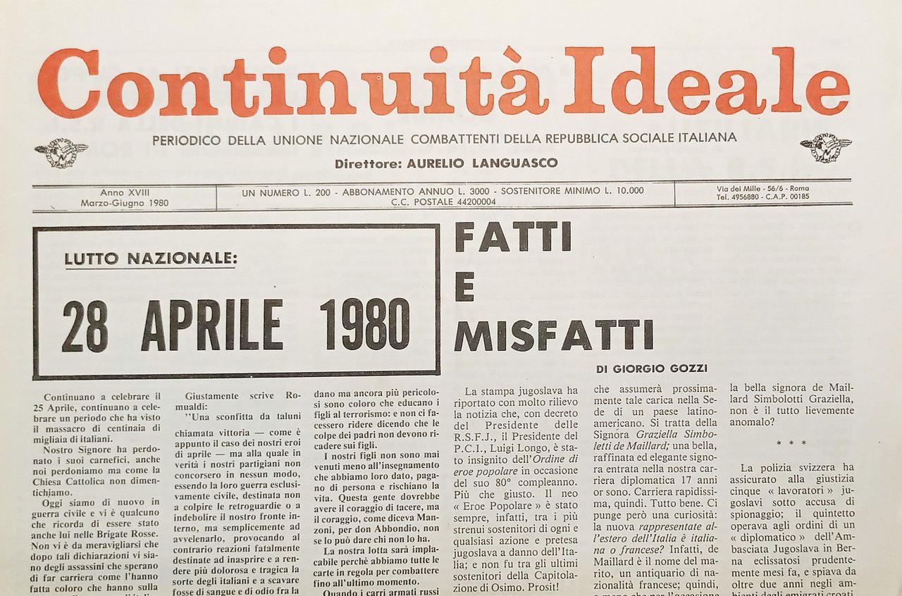 Periodico Unione Nazionale Combattenti RSI - Continuità Ideale Marzo/Giugno 1980