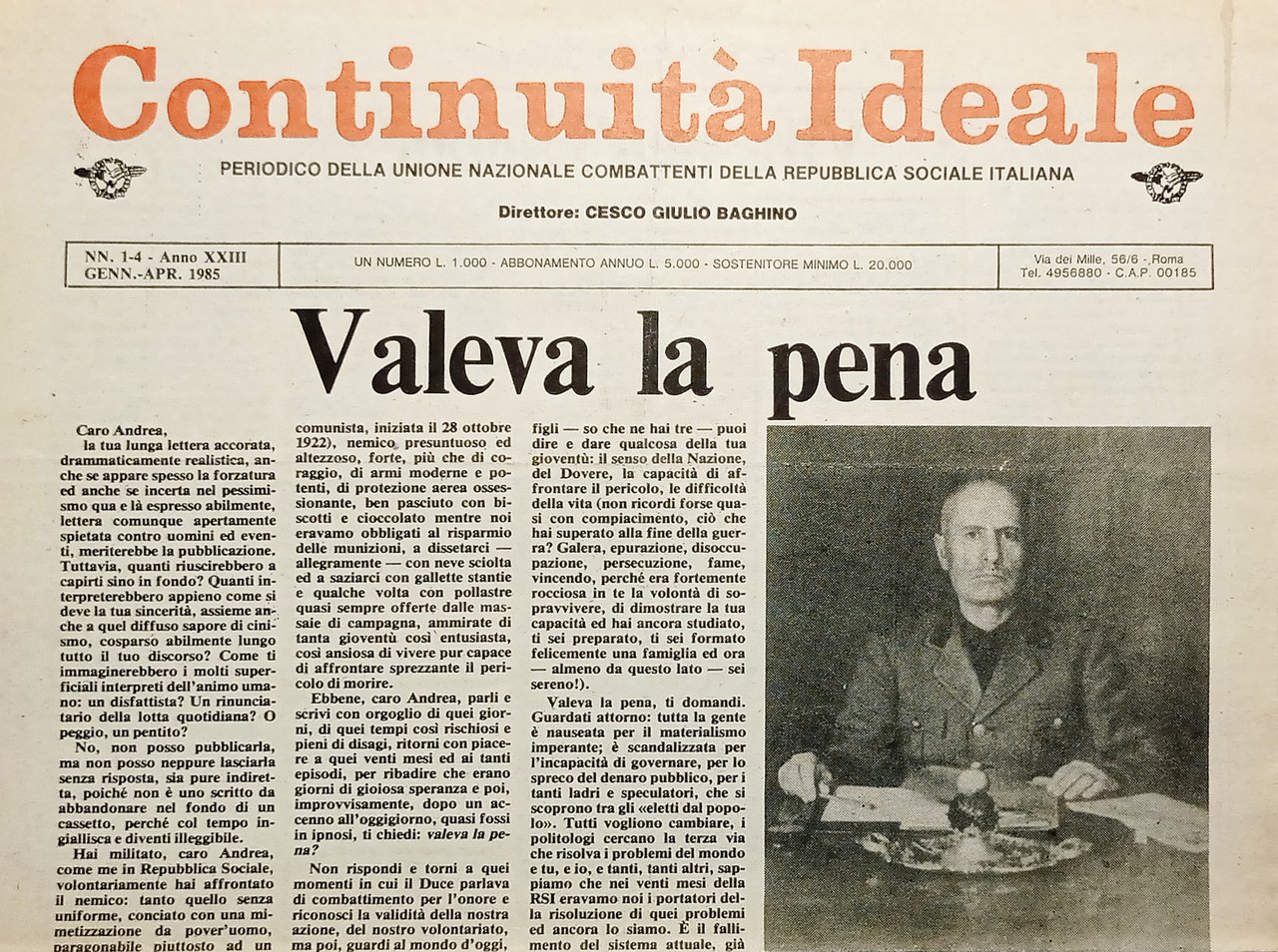 Periodico Unione Nazionale Combattenti RSI - Continuità Ideale N. 1/4 …