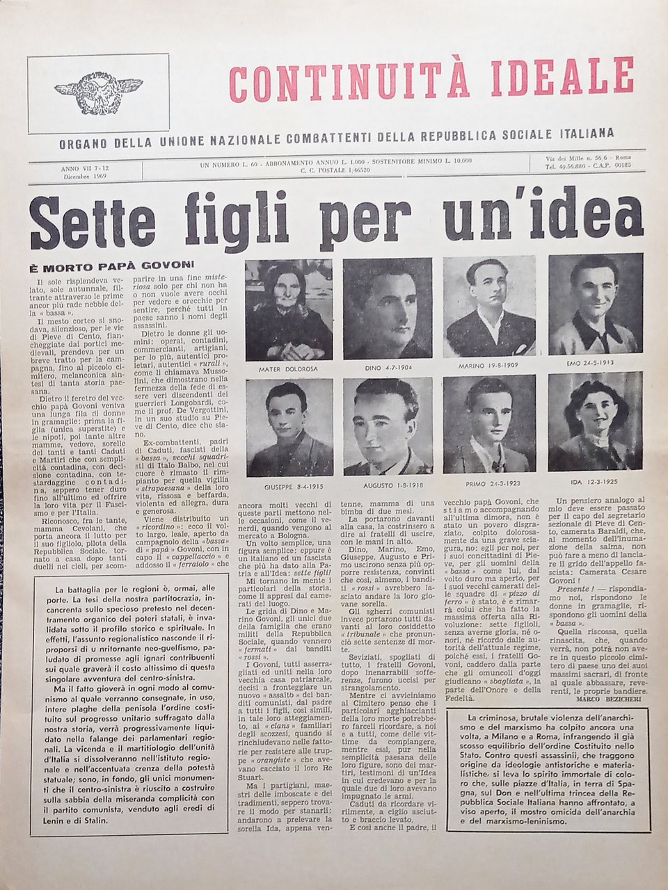 Periodico Unione Nazionale Combattenti RSI - Continuità Ideale N. 7-12 …