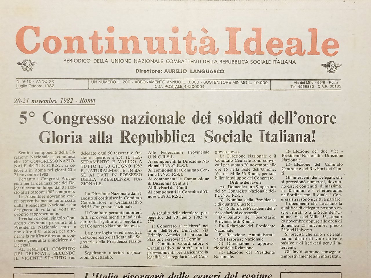 Periodico Unione Nazionale Combattenti RSI - Continuità Ideale N. 9/10 …